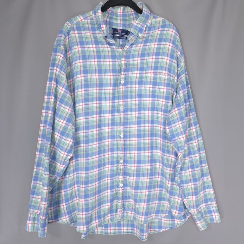 Vineyard Vines Murray Mens Shirt XXL Blue Plaid Check Cotton LINEN Blend Stretch